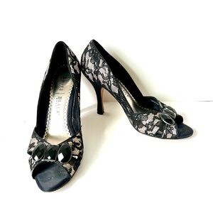 WHITE HOUSE BLACK MARKET Jeweled Lace Peep Toe Heels—SZ. 8